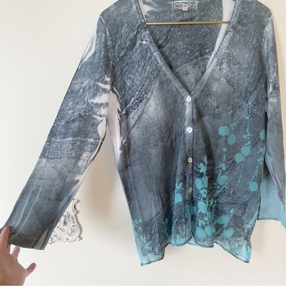 Ma+ch Marika Charles Blue Gray Tie Dye Cotton V- Neck Cardigan Sweater 2 / M - Picture 2 of 6
